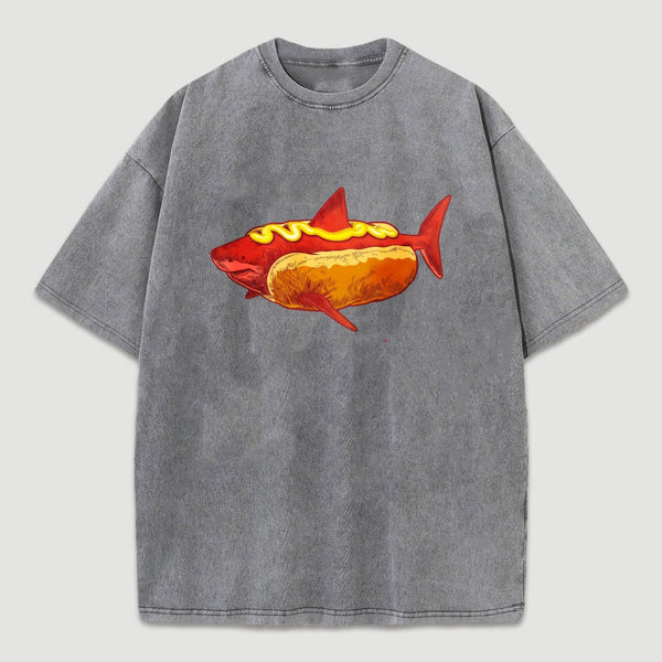 Shark Hotdog Funny Food Meme Washed T-Shirt